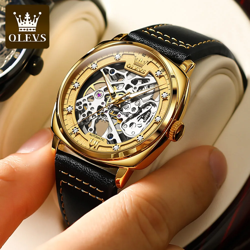 

OLEVS 6651 Fashion Hollow Mechanical Watch For Men Luxury Waterproof Leather Man Watches Original Automatic Business Hand Clock