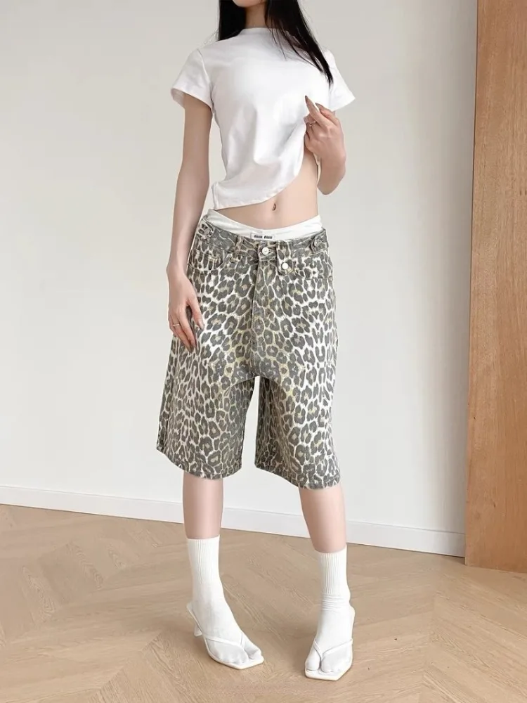 

HOUZHOU Leopard Printed Short Jeans Women Baggy Vintage Y2k Jorts Wide Japanese 2000s Denim Shorts Streetwear Grunge Harajuku