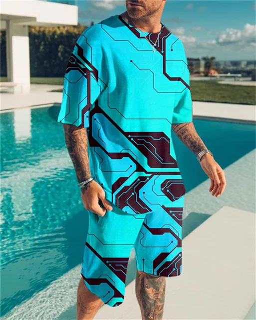 New 2021 Summer Men's T-shirt Male Casual Suit Simple Type Men's T-shirt Short Sleeve+Shorts Oversized 3D Printing 2-piece Set Suit