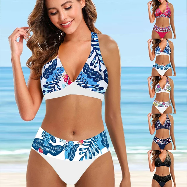 Women Beachwear Ladies Leaves Pattern Vest Tankini Swimwear Bathing Suit Two Pieces Bikini Set Swimsuits Beach Beachwear S-6XL 1