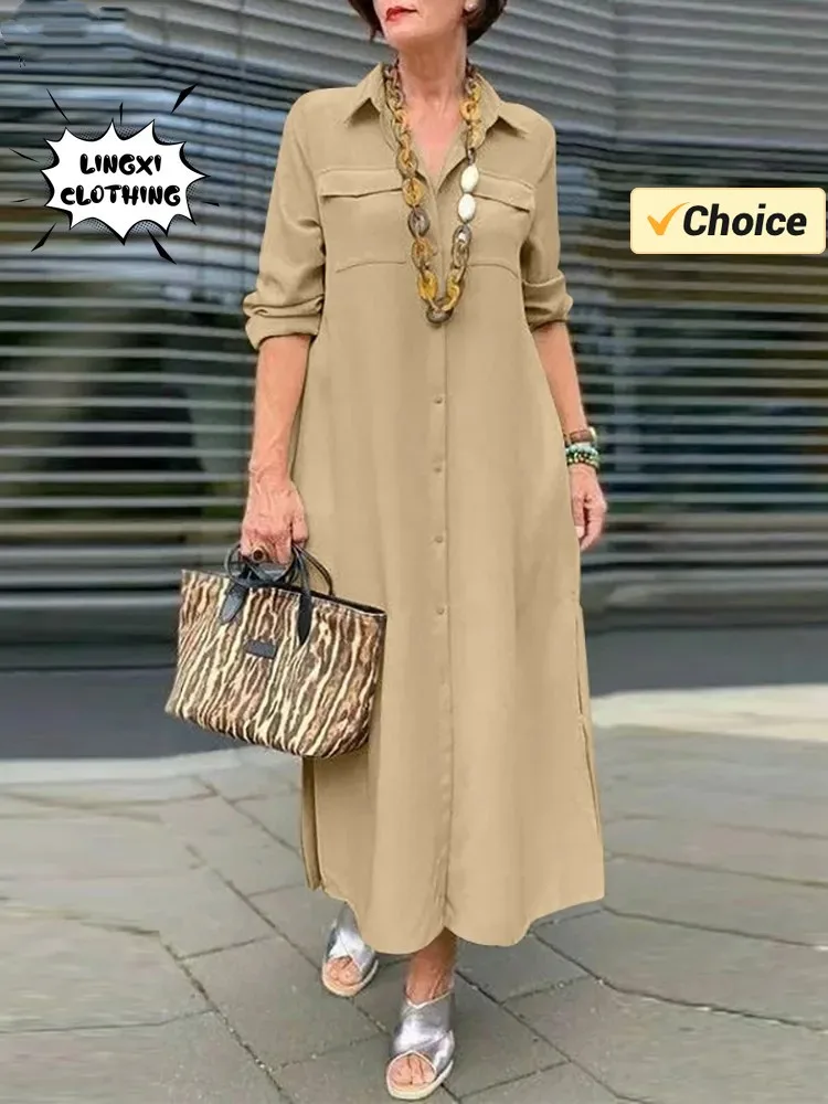 

Fashionable Women's Summer New Elegant Solid Color Long Sleeve Button Poio Neck Elegant Dress Cotton Linen Single Breasted Robe