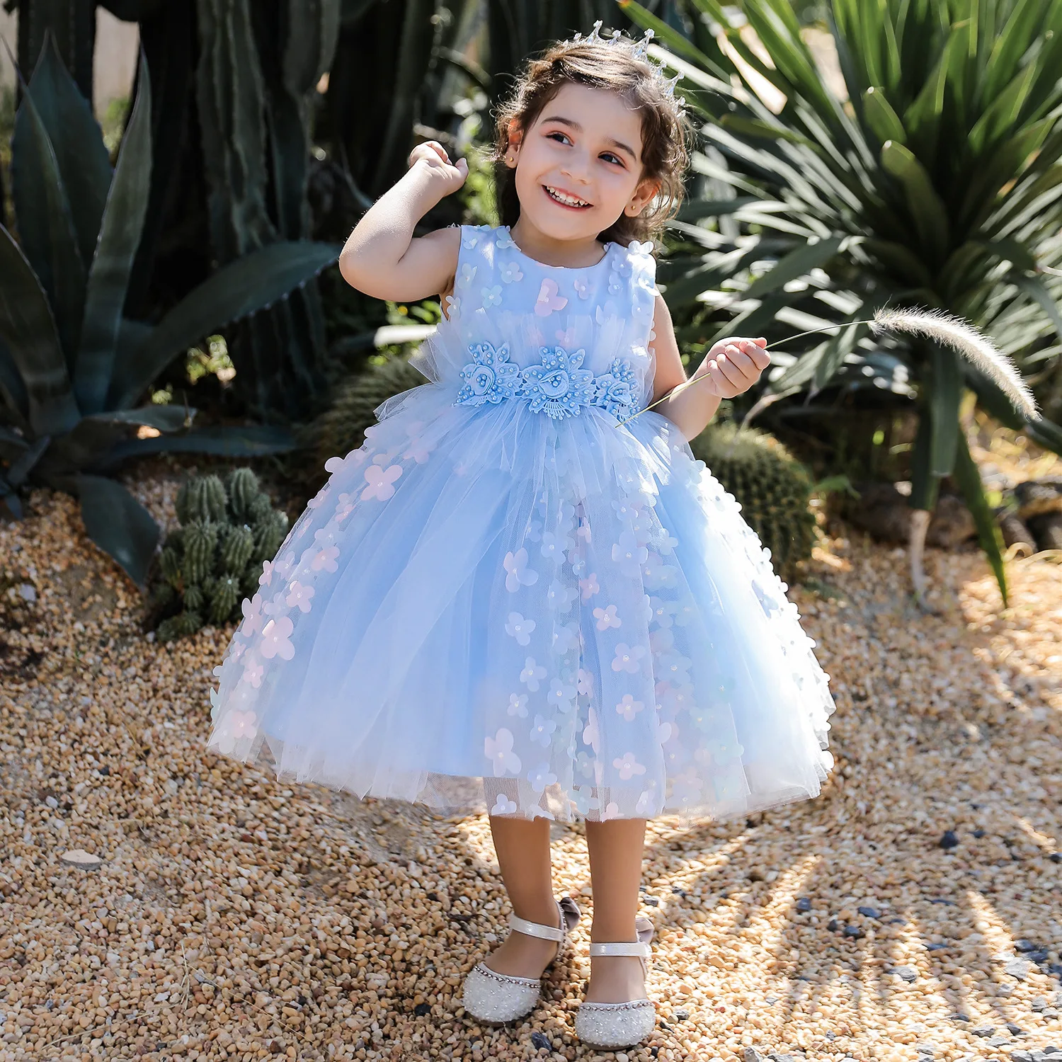 Baby Girls Princess Wedding Party Dress Toddler Birthday Ruffled Dress Infant Applique Flower Beads Tulle Tutu Pageant Dresses