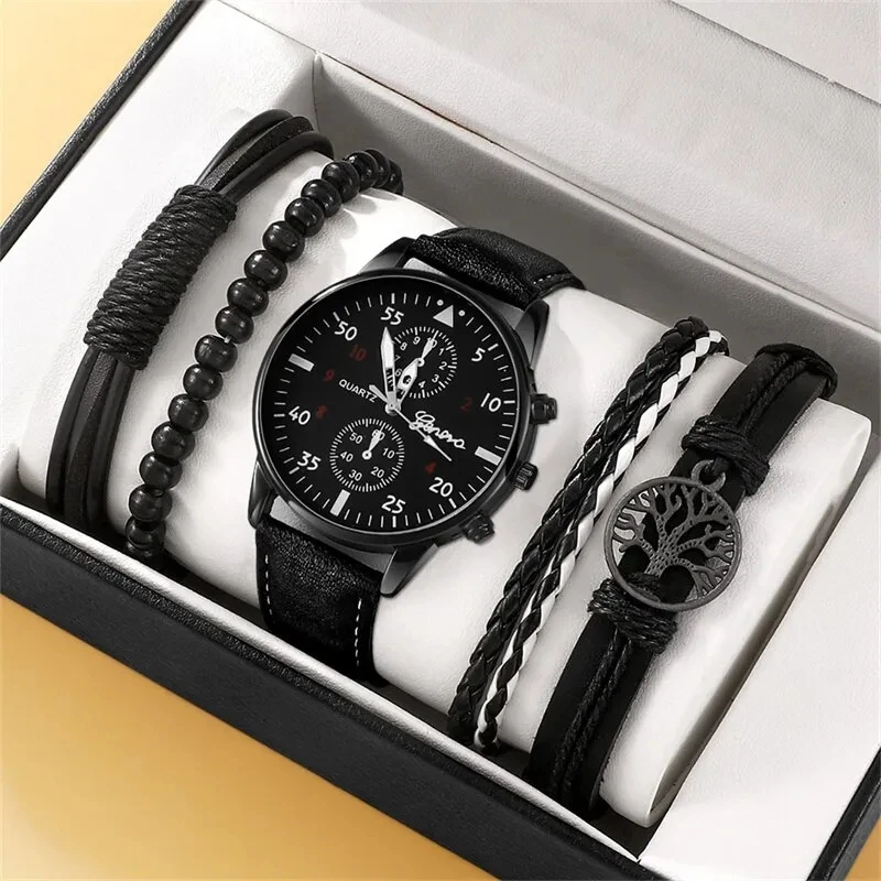 5PCS Set Fashion Mens Business Watches For Men Black Tree of Life Hand Rope Luxury Man Sport Casual Quartz Watch Reloj Hombre