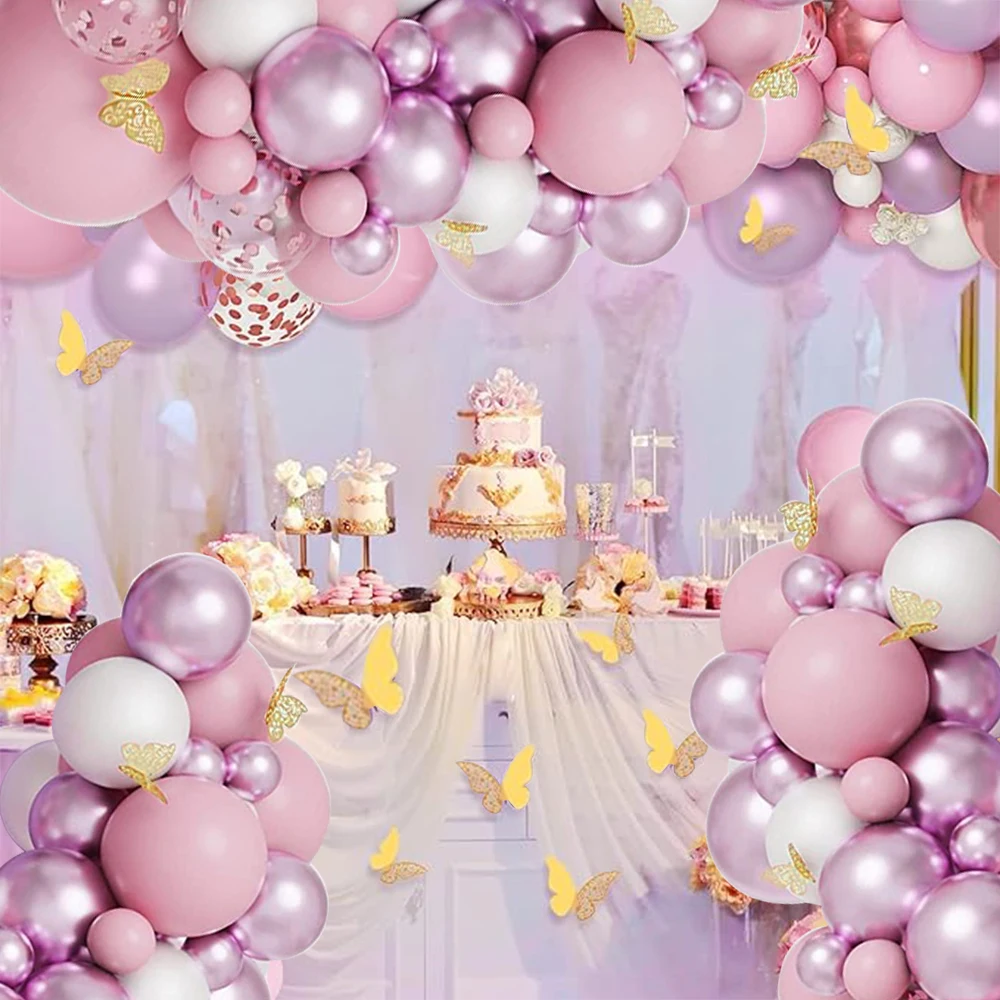 Butterfly Balloon Arch White Pink Confetti Metal Balloons Set Girl Birthday Decoration Party Supplies Wedding Globos Baby Shower
