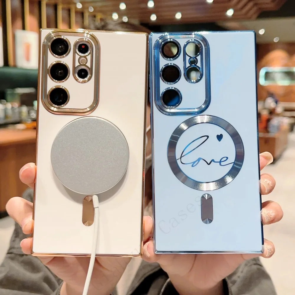 Corea Del Cuore di Amore Per La Ricarica Senza Fili Cassa Del Telefono per Samsung S21 S22 S23 Plus Ultra Placcatura per Magsafe di Ricarica Magnetica coque_voghion.com