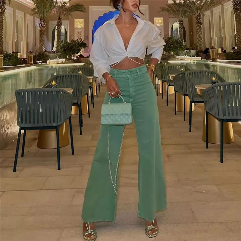 

Женские Модные Зеленые прямые джинсовые брюки с высокой талией, лето 2023, повседневные однотонные базовые джинсы для девочек, мягкие женские брюки