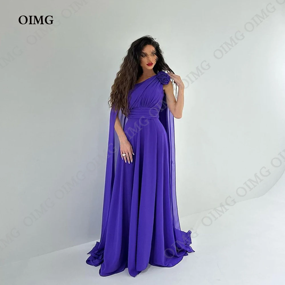 

OIMG Romantic A-Line Purple Chiffon Evening Gowns One Shoulder A Line Sweep Train Long Prom Dress Dresses Robes De Soirée