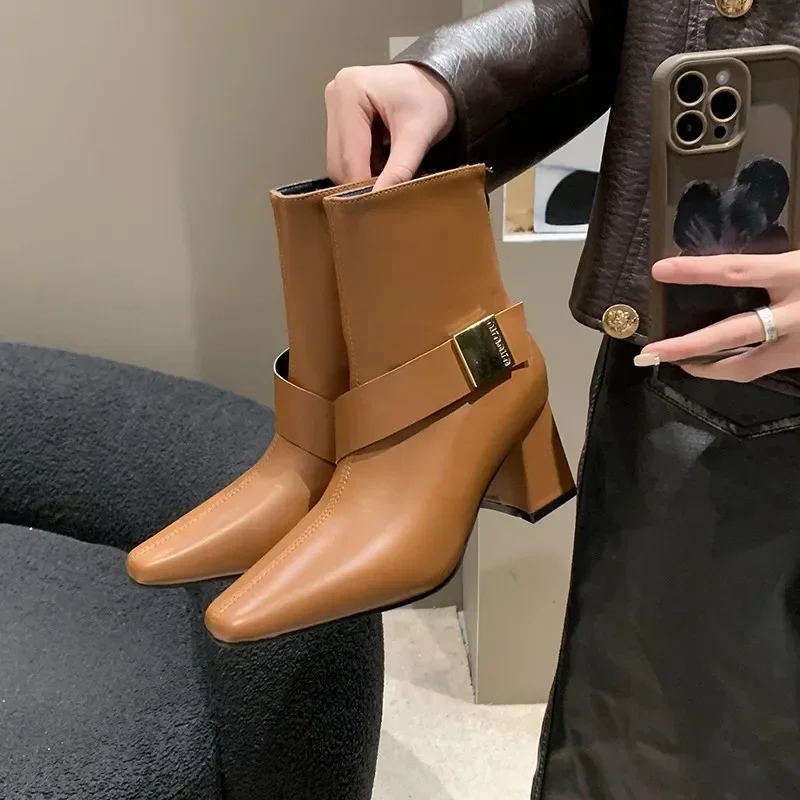 2023 Square Toe Stiletto Heels Stretch Boots Versatile French Autumn and Winter Shoes Chelsea Short Boots Women's Back Zipper
