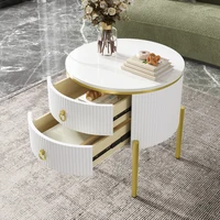 Table d'appoint avec tiroirs, surface à texture marbre, pieds et poignées en métal doré, design réglable, table d'appoint multifonctionnelle, mobilier moderne pour salon, chambre, bureau, appartement, décoration intérieure, 55 x 55 x 62 cm 1