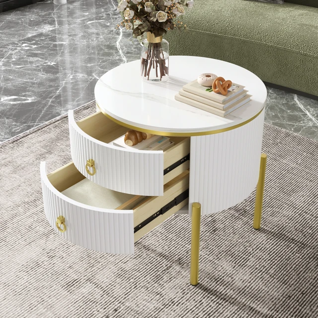 Table d'appoint avec tiroirs, surface à texture marbre, pieds et poignées en métal doré, design réglable, table d'appoint multifonctionnelle, mobilier moderne pour salon, chambre, bureau, appartement, décoration intérieure, 55 x 55 x 62 cm 1