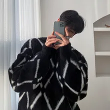 

Casual Diamond Knit Sweater Male Autumn Warmth Thick O-Neck Men's Pullover Fashion Loose Red Long Sleeve Top Men