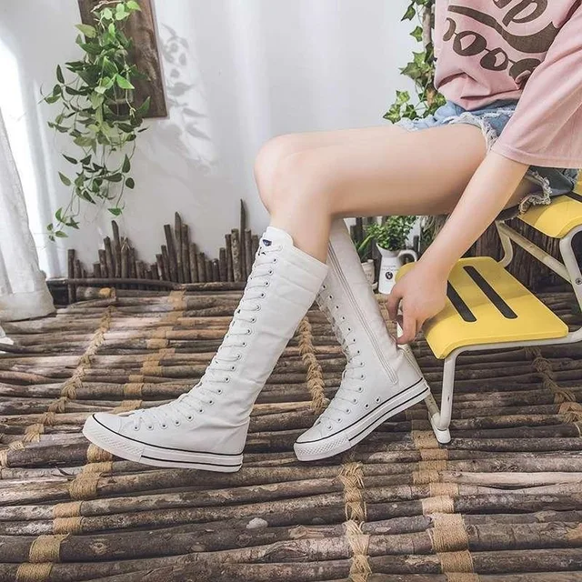 2025 New High Top Canvas Shoes for Women's Korean Edition Long Boot Lace-Up Zipper Comfortable Boot Zapatos De Mujer Tendencia 6