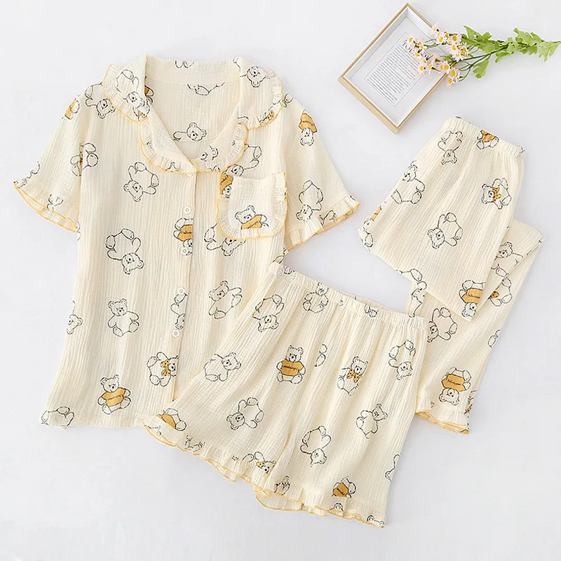 Summer Women's 3-Piece 100% Gauze Cotton Pajama Set - Short-Sleeved Top, Long Pants & Shorts