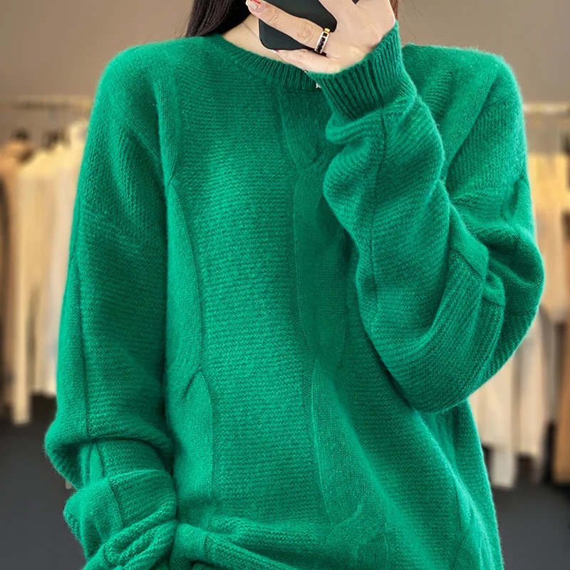 

100% Wool Cashmere Sweater Women's Round Neck Pullover 2023 Autumn/Winter New Knitted Loose Korean Fashion Soft Top