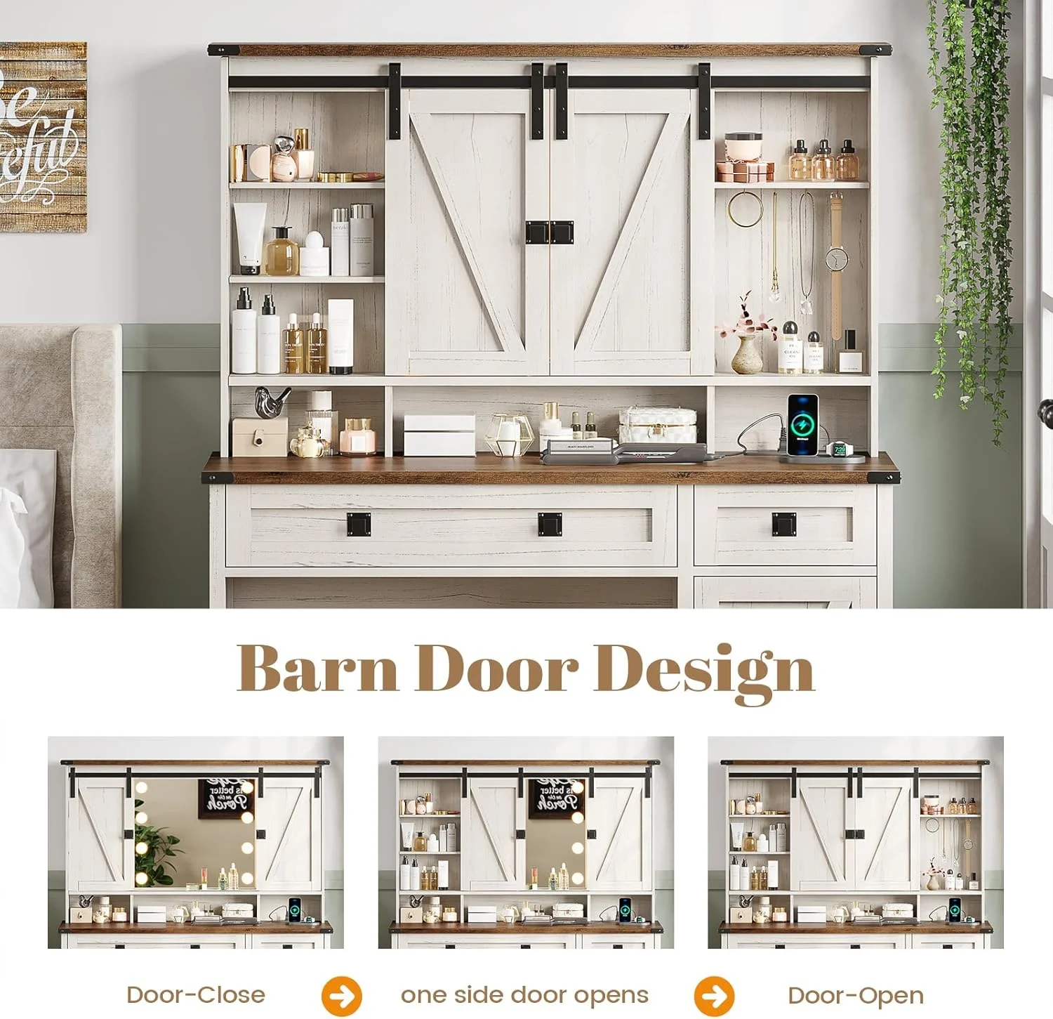 Makeup Vanity with Lights & Barn Doors, Vanity Desk with Mirror and Lights & Charging Station, Farmhouse White Vanity