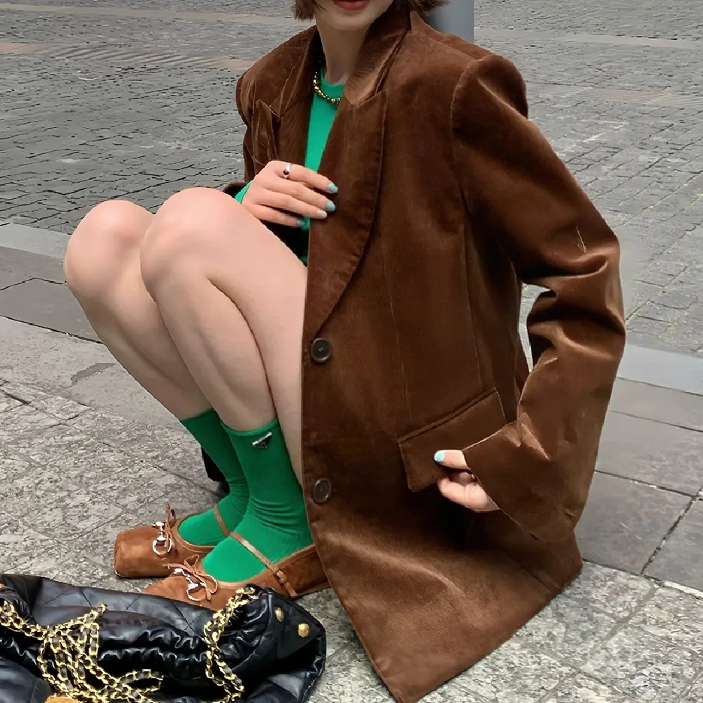 Maillard Style Coffee Notched Corduroy Blazer High Waist Front Slit Package Hips Skirt Suits 2 Pieces 1 Set