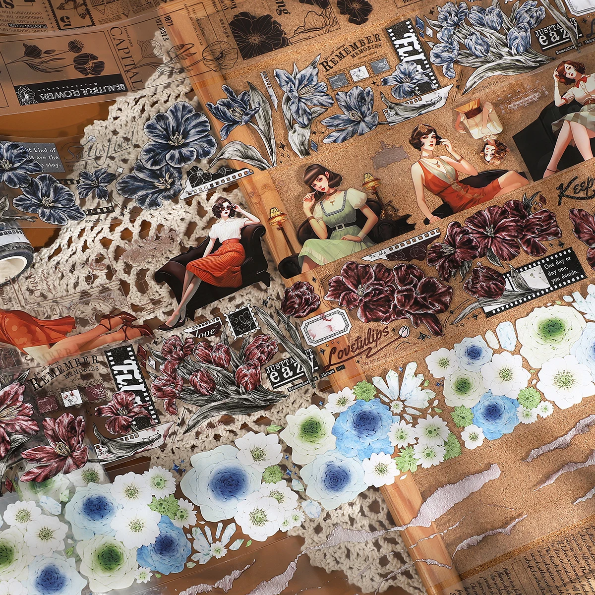 블레이징 모던 걸 인디고 가든 시리즈 빈티지 캐릭터 플라워 pet 테이프, 크리에이티브 DIY 저널 콜라주 문구, 500cm/롤