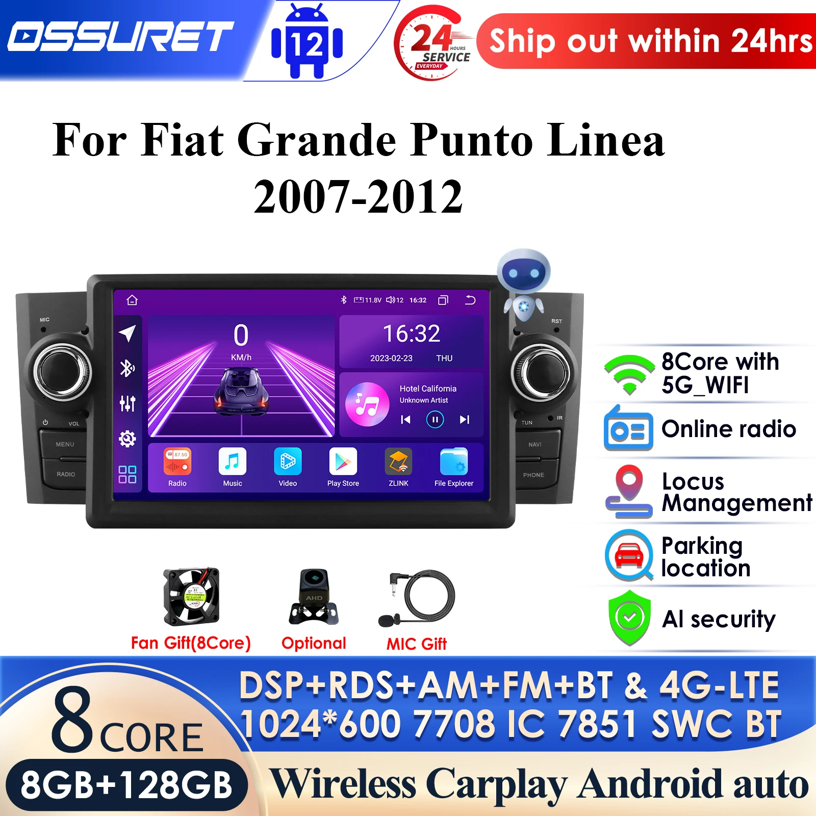 

Автомагнитола QLED для Fiat Linea Grande Punto 2007-2012, 7 дюймов, Android 13, 1din
