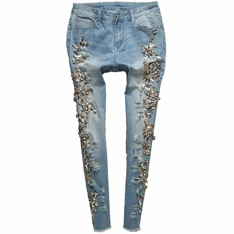 Top Fashion Women's Handmade Beaded Jeans Lady Rhinestones Diamond Denim Jeans Hole Skinny High Stretch Pencil Pants old navy jeans