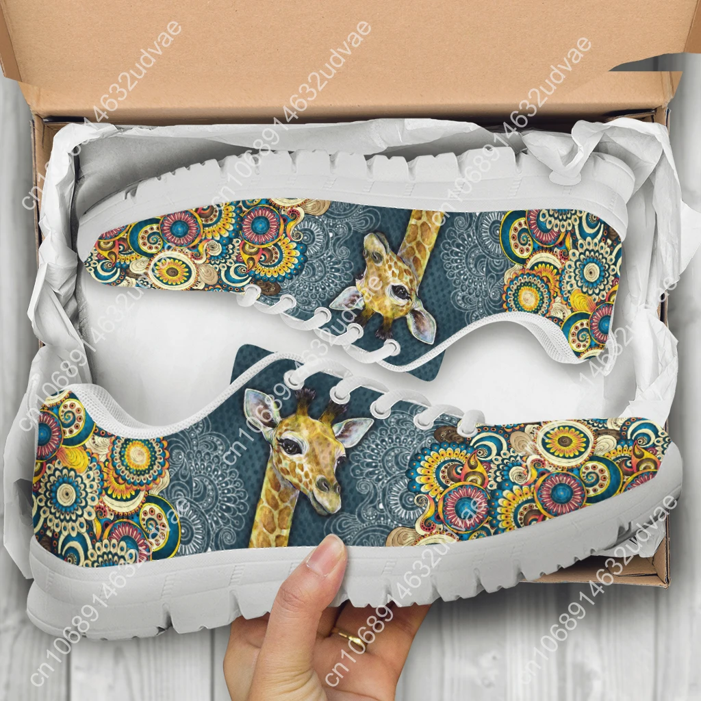 Bohemian Style Lace-up Shoes Cartoon Giraffe Print White Platform Sneakers Comfortable And Breathable Summer Shoes