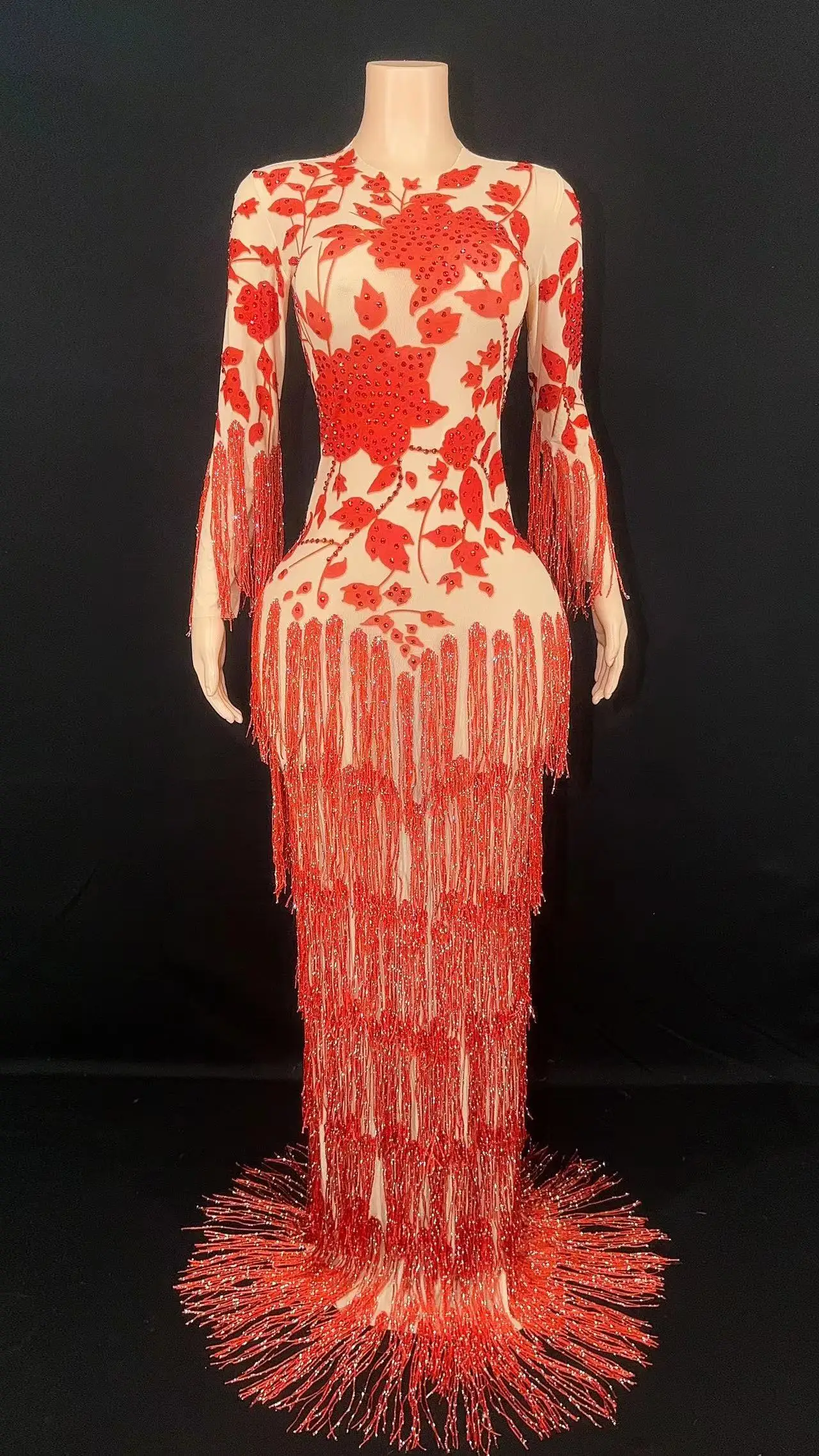 

Sparkly Rhinestone Tassels Transparent Long Dress Birthday Celebrate Sexy Tassels Dress Prom Dancer Outfit