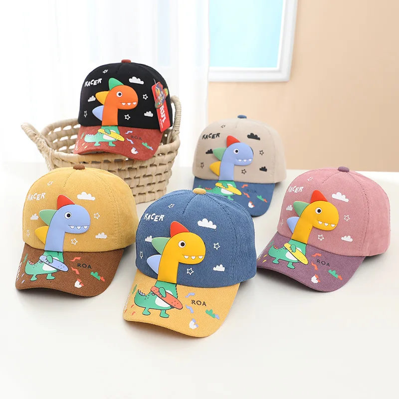 

Summer Autumn Baby Cartoon Dinosaur Corduroy Baseball Cap Kids Toddler Cute Print Adjustable Hats Outdoor Casual Sun Visor Hat