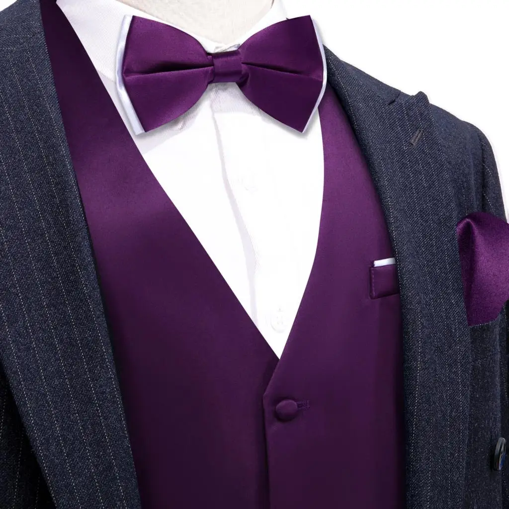 Elegant Vest for Men Purple Silk Solid Wedding Party Waistcoat Bowtie Set V Neck Male Sleeveless Jacket Barry Wang