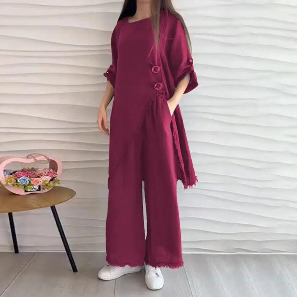 Lady Daily Clothes Stylish Women's Streetwear Trendy 2-piece Set with Split Hem Top Wide Leg Trousers Ripped Edge Details Women