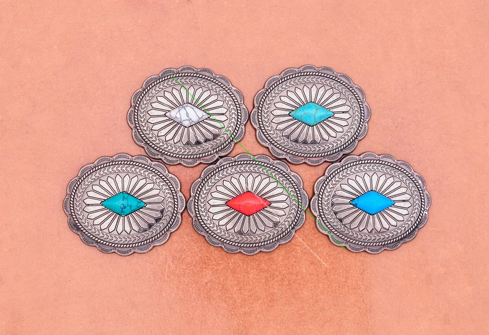 ヴィンテージシルバーウエスタン花のターコイズコンチョベルト、レザー