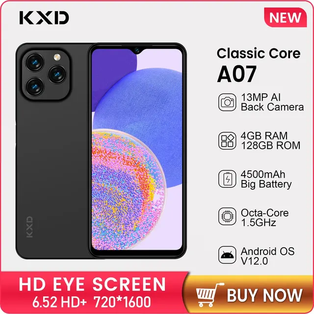 KXD-A07 Smartphone Android 12, carregamento rápido de celular, 128GB ROM, 4GB RAM, Câmera 13MP, 4500mAh, 10W, 6,52''