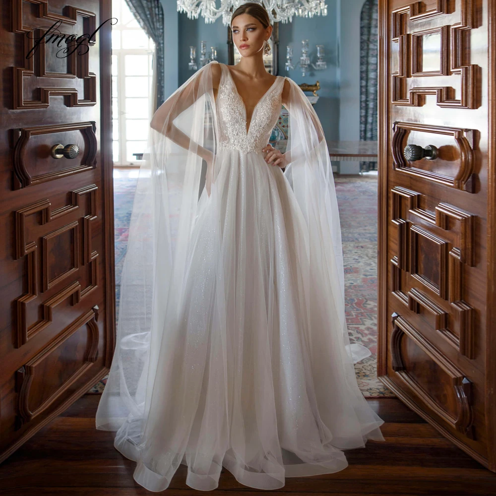 

Fmogl Sexy Illusion V Neck Ribbons A Line Vintage Wedding Dresses Vestido De Noiva Luxury Appliques Sweep Train Bridal Gown