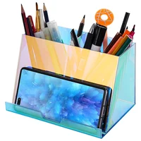 Acrylic Pen Holder Iridescent Desk Organizer Acrylic Storage Organizer Built-in Phone Holder For Pencil Cosmetics Makeup Brushes 1