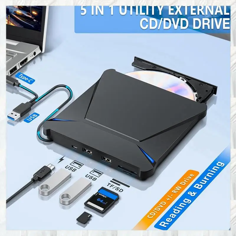 Hot Selling-External DVD Drive, USB 3.0 Type-C, Portable CD DVD Burner With Dual USB Ports And Card Slots,External Drive, US