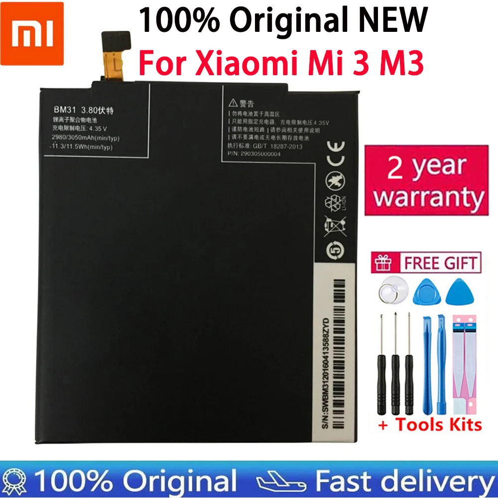 

Xiao mi Original Replacement Battery For Xiaomi Mi 3 M3 Mi3 BM31 Genuine Phone Batteries Bateria 3050mAh+Fast Shipping