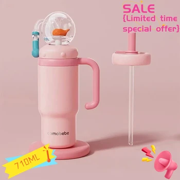 Tazza con beccuccio per balena in acciaio inossidabile da 710 ml Tazza per fontana con manico Tazza in vetro anti-fuoriuscita a due coperchi adatta per bambini, neonati e adulti 1