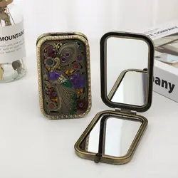 Vintage 2-face Folded Pocket Mirror Hollow-out Carving Rhinestone Peacock Mirror with Gift Box Portable Makeup Mirror