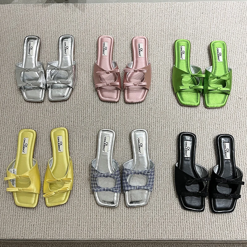 

Bailamos Fashion Brand Women Slippers Fashion Candy Colors Bow Square Toe Flat Casual Slide Ladies Summer Beach Flip Flops Mujer