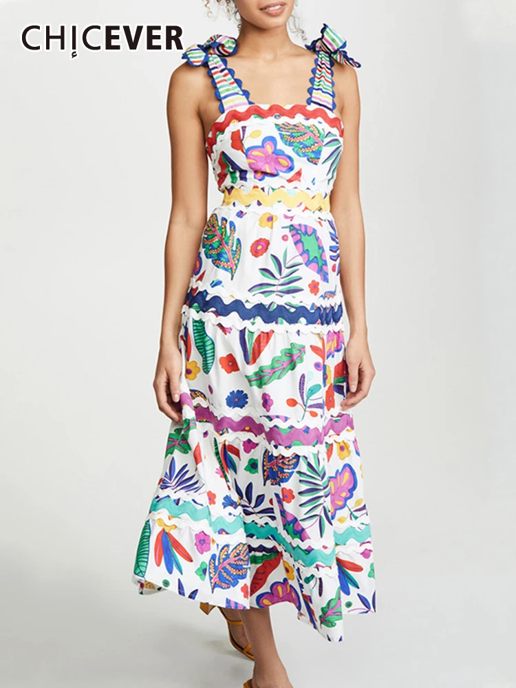 

CHICEVER Printing Colorblock Midi Dresses For Women Square Collar Sleeveless High Waist Patchwork Lace Up Camisole Dress Female