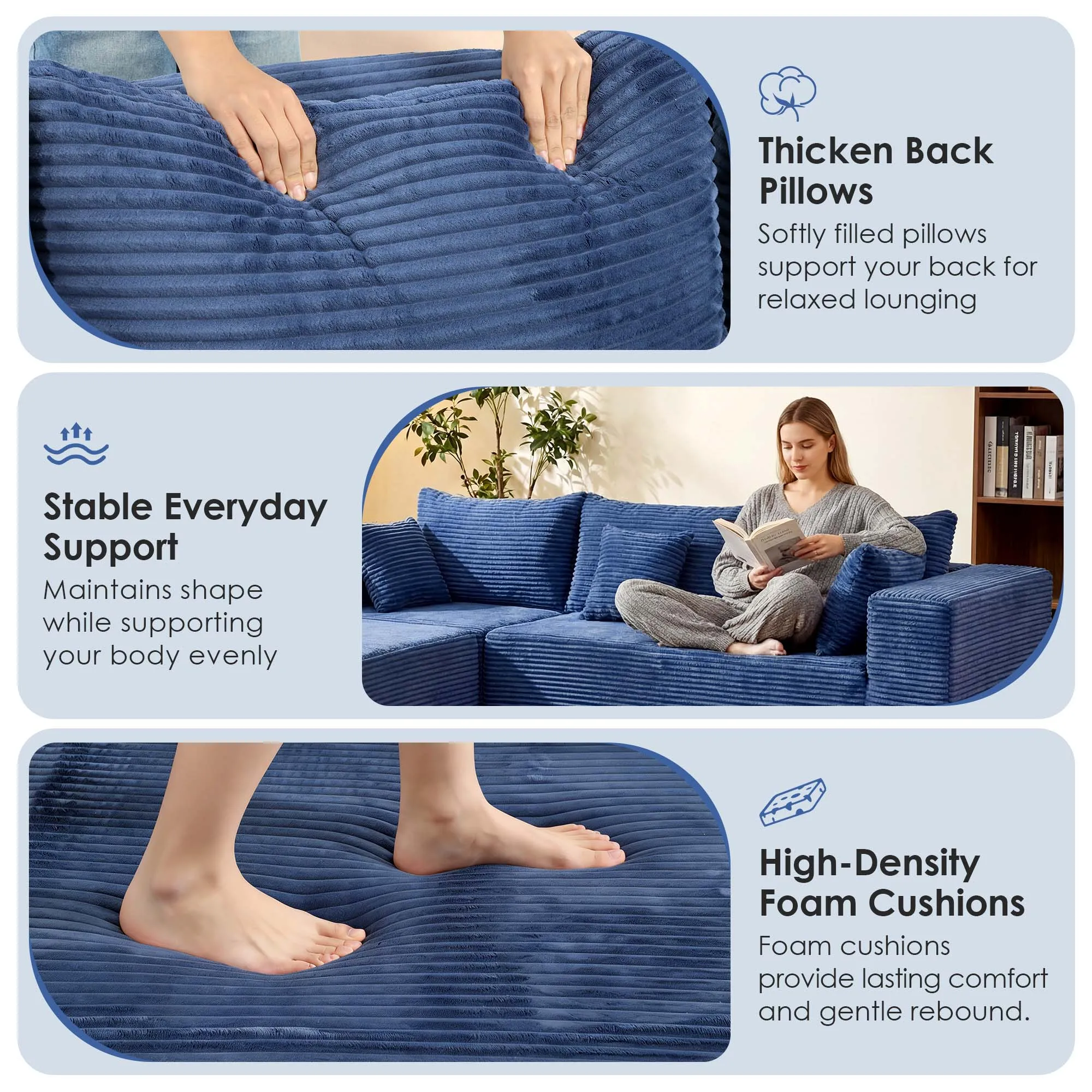 Redlife 165" Boneless Couch with Ottoman, 6 Seat Modular Sectional Sofa,Blue Corduroy Upholstery,28" Deep Seat,Removable Covers 5