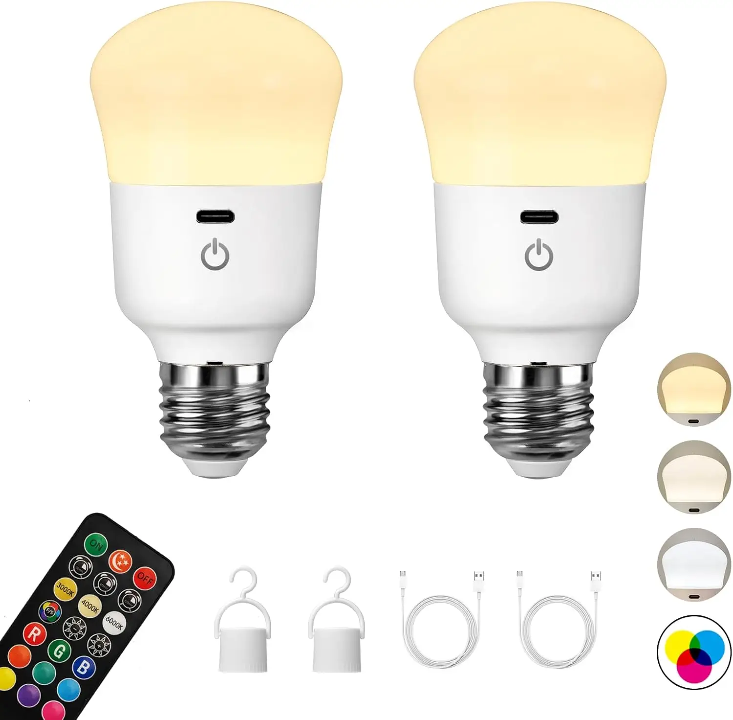 7W Rechargeable bulb with remote control battery powered LED bulb home or outdoor emergency light 3-color RGB timer 2 pack