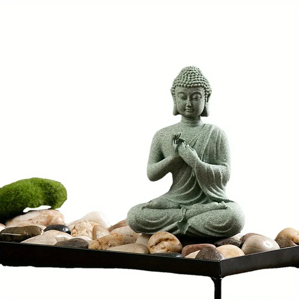 Zen Buddha statue ornaments fish tank rockery bonsai flowing water figure micro landscape decoration Green Sandstone small Craft