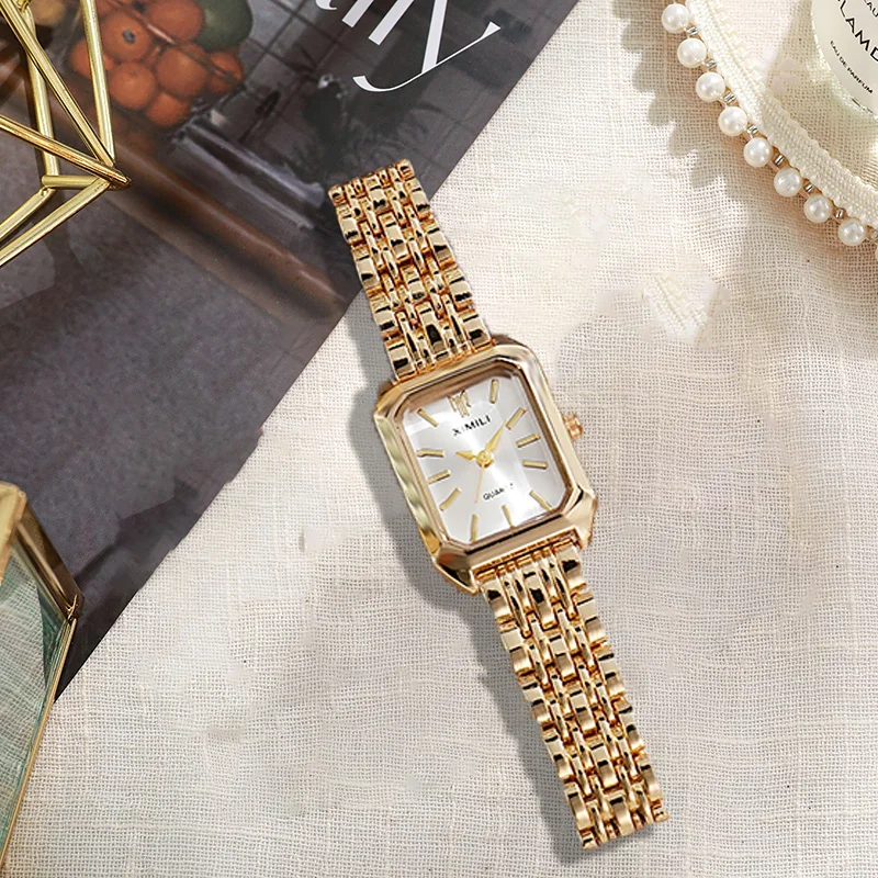 Small niche luxury fashion retro high-end gold steel strip small square watch with temperament women'squartz watch (without box） 6