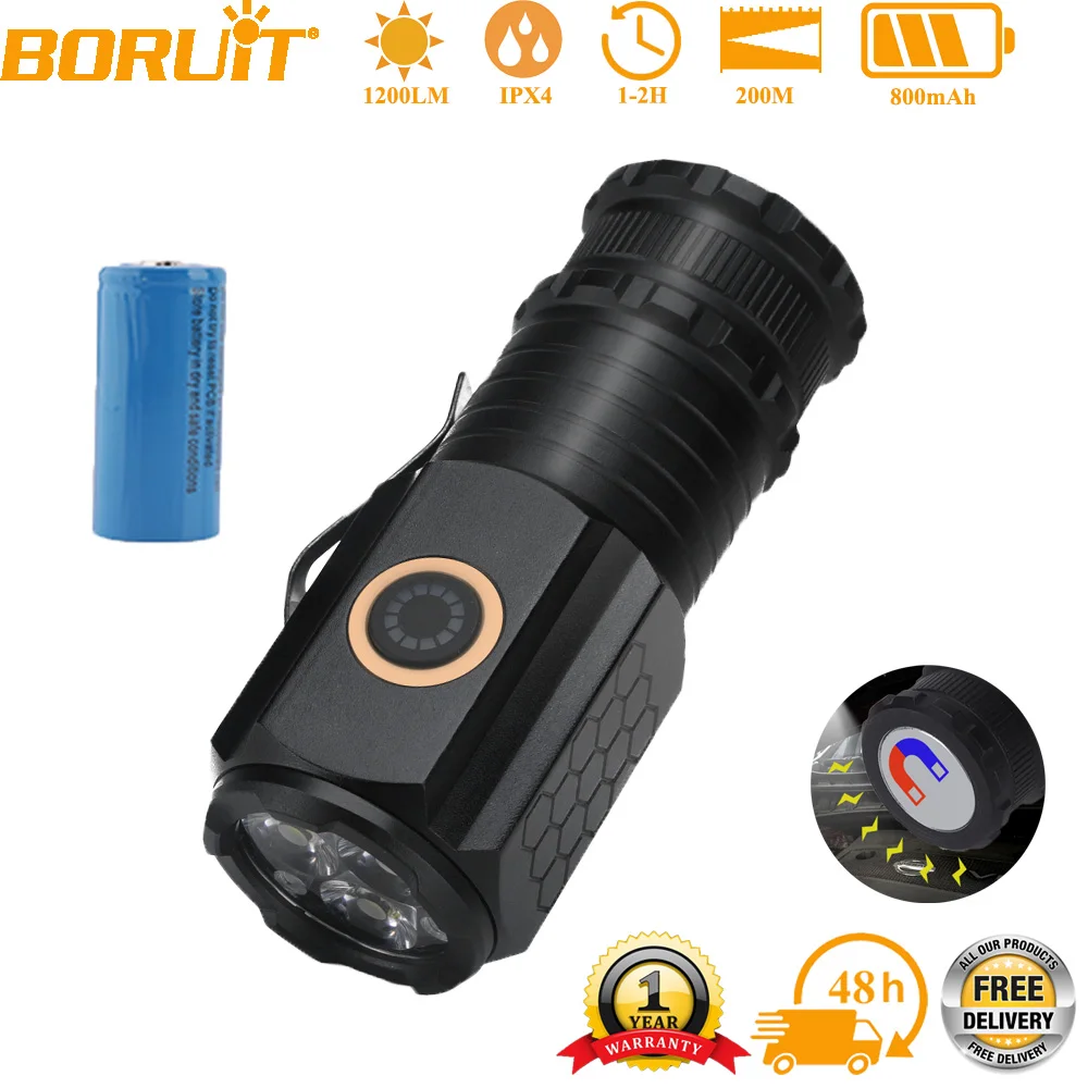 BORUIT 미니 LED 손전등 1200LM USB C 충전식 라이트 18350 자석이 있는 토치 방수 캠핑 랜턴 비상 조명