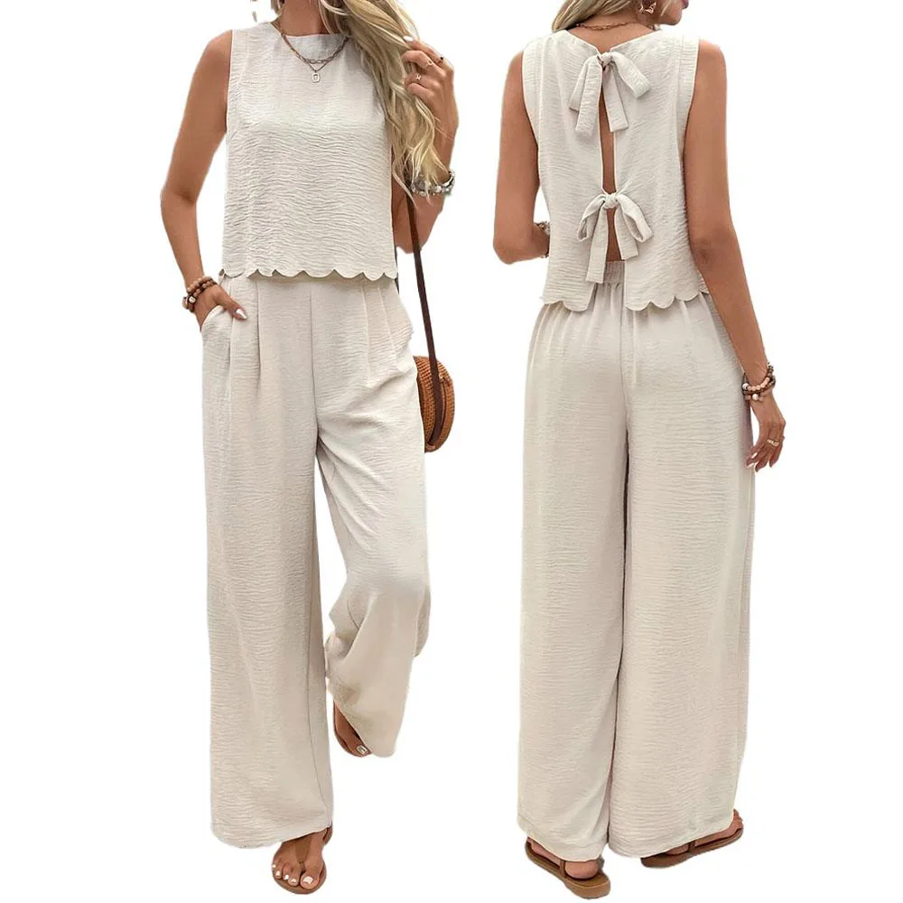 Women Summer Pant Suits Ruched Tank Tops and Wide Leg Trousers