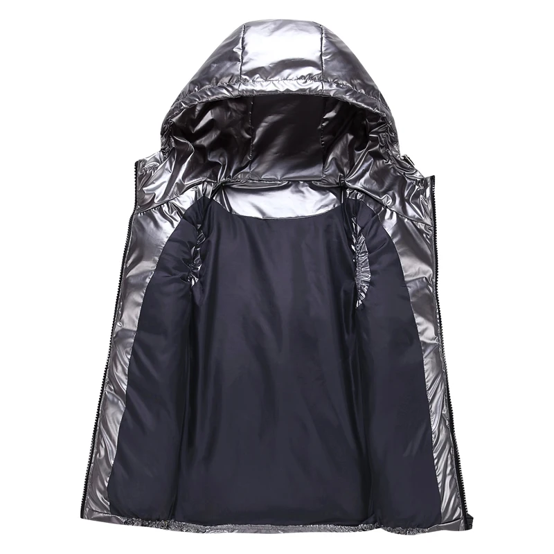 Men's Sleeveless Jacket Fashion Shiny Vest Winter Warm Hood Pockets Cotton Padded Husband Red Black Autumn Down Waistcoat Male