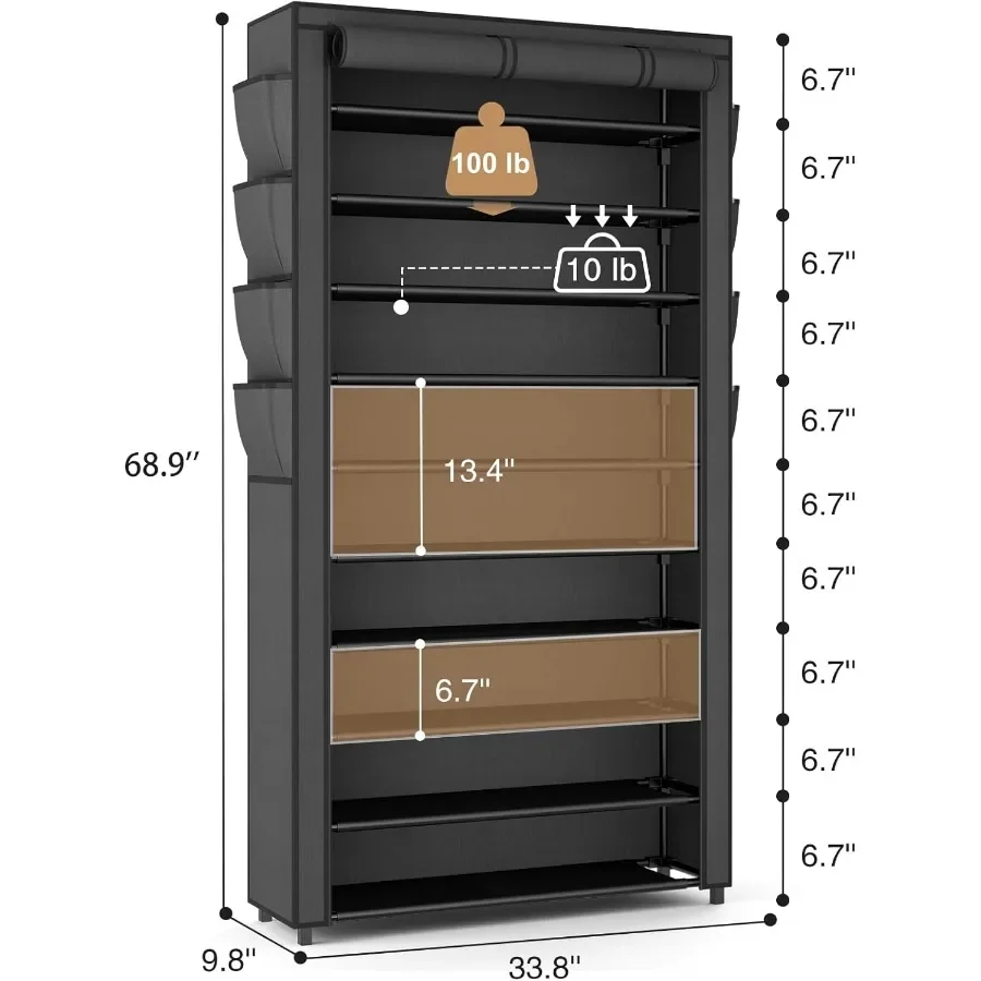 Tall Shoe Rack with Cover 10 Tier Shoe Organizer Storage for 5055 Pairs Shoes and Boots Large Capacity Shoe Shelf with 8 Pocket
