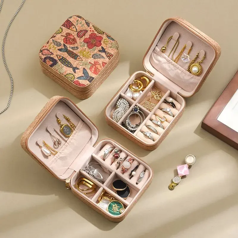 Cork Patterned Jewelry Box with Fashionable Retro Style Portable Travel Jewelry Storage Display Rings, Necklaces, Earrings 4