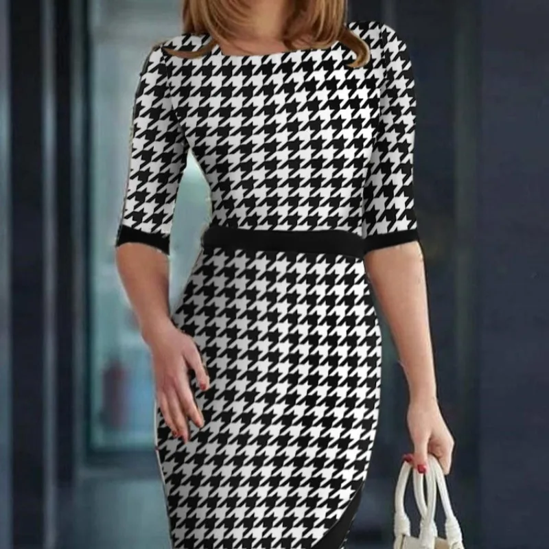 

2024 Autumn Winter New Women's Clothing round Neck Sexy Houndstooth Printing Color Contrast Commuting Style Dress