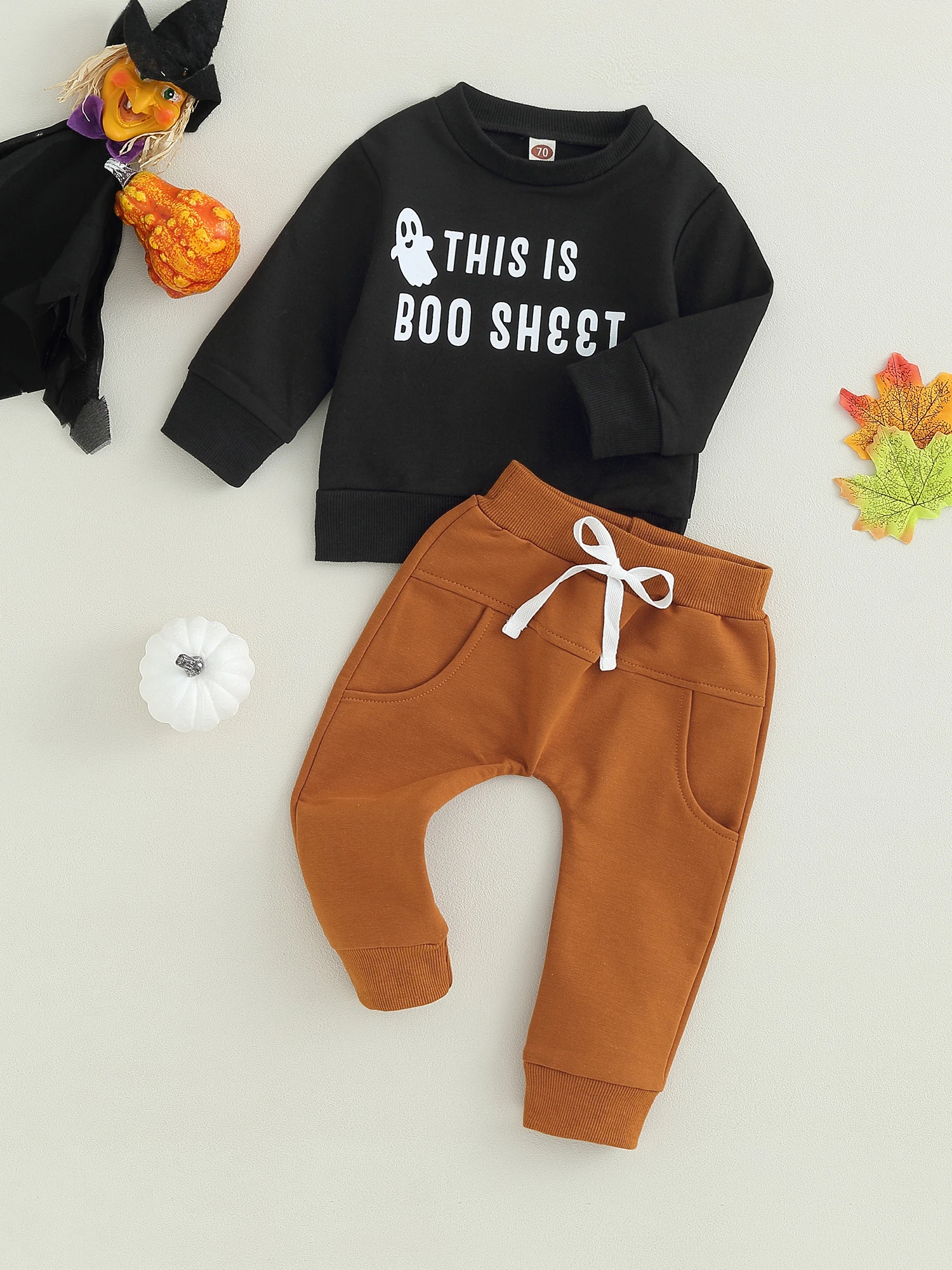 Cute Little Pumpkin Halloween Costume Set Con Camicia A Maniche Lunghe Con Stampa Jack-O -Lantern E Pantaloni Accoglienti Per Neonato 2 Pezzi Outfit