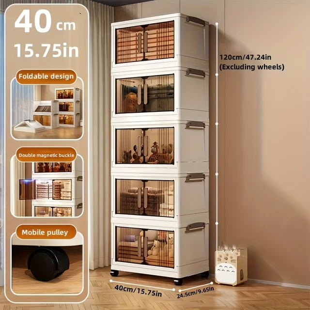 4/5-Tier Heavy-Duty Plastic Folding Storage Cabinet with Lid - Foldable & Stackable Shelving Unit